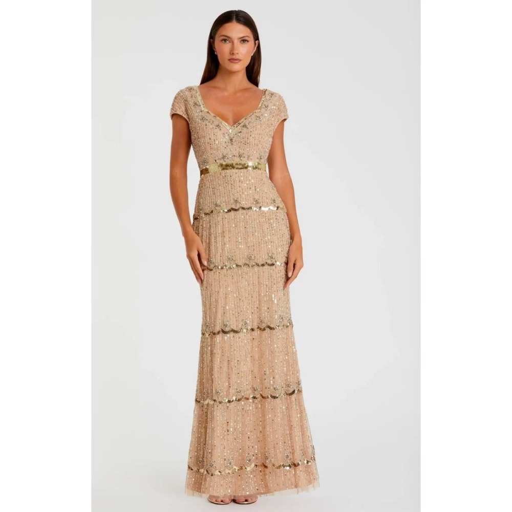 Mac Dugall Gold Sequin Cap Sleeve Sweetheart Column Gown Champagne Size 2